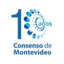 Logo que contiene las palabras "10 años - Consenso de Montevideo" en color azul y celeste