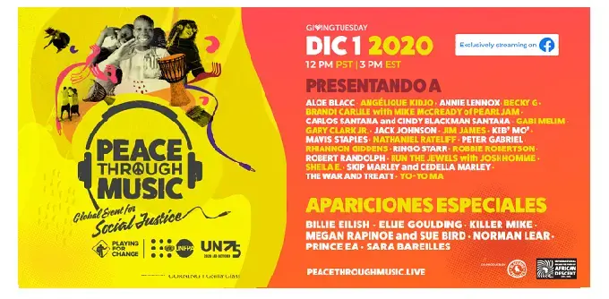 Playing for Change y el Fondo de Población de las Naciones Unidas anuncian  “Peace Through Music: un evento mundial por la justicia social”  que se transmitirá de manera exclusiva en facebook en conmemoración del 75º aniversario de las Naciones Unidas