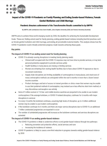 Repercusión de la pandemia de COVID-19 en la planificación familiar y la eliminación de la violencia de género, la mutilación genital femenina y el matrimonio infantil 