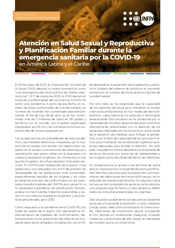 Atención en Salud Sexual y Reproductiva y Planificación Familiar durante la emergencia sanitaria por la COVID-19 en América Latina y el Caribe